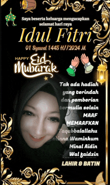 a greeting card with a picture of a woman and the words idul fitri