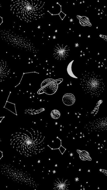 a black and white drawing of the night sky with planets , stars , a crescent moon , and constellations .