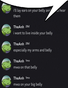 a screenshot of a text conversation between theanh and mwa on your big belly