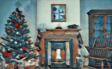 a painting of a room with a christmas tree and fireplace