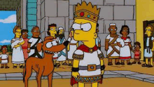 bart simpson is wearing a crown and standing in front of a group of people .