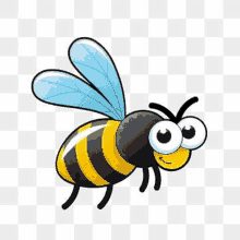 a cartoon bee with big eyes and big wings is flying on a transparent background .