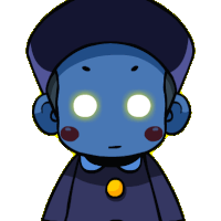 a cartoon character with glowing eyes and a yellow button on his chest