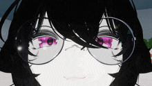 a close up of a girl 's face with glasses and purple eyes