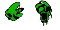 a cartoon drawing of a green hand and a cartoon drawing of a green skull