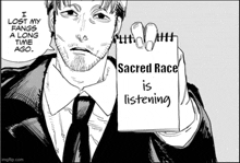 a man in a suit and tie is holding a notepad with the words sacred race is listening on it