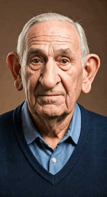 an elderly man wearing a blue sweater and a blue shirt