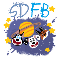 a drawing of a dalmatian a fox and a planet with the words sdfb on the bottom