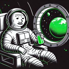 a cartoon of an astronaut holding a green drink