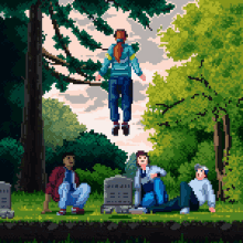 a pixel art of a man sitting in front of a grave