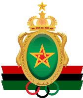 a green oval with a red star and a gold crown on top