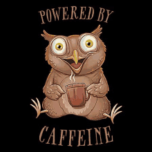 a cartoon owl is sitting down holding a cup of coffee .