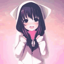 a cute anime girl wearing a cat ear hoodie .