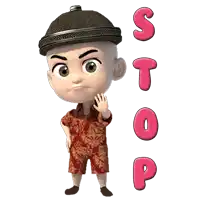 a cartoon character with the word stop written in pink letters