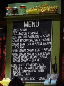 a menu board shows a variety of food items including spam