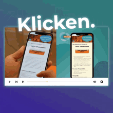 a person is holding a cell phone in front of a sign that says ' klicken '