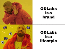 a man in a red jacket says " odlabs is a brand " and " odlabs is a lifestyle "