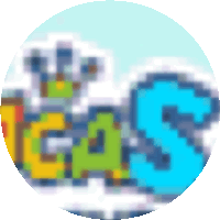 a pixelated image of the word vegas in a blue circle