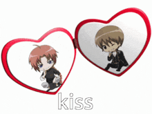 a couple of hearts with the word kiss written on them