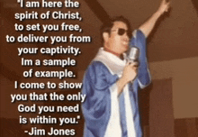 a man in a graduation gown is holding a microphone and a quote from jim jones