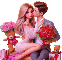 a man kissing a woman who is holding a bouquet of roses