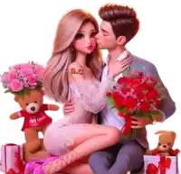 a man kissing a woman who is holding a bouquet of roses