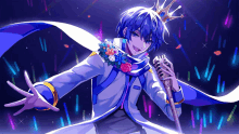 a blue haired anime character with a crown on his head holds a microphone