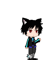 a boy with black hair and red eyes is wearing a cat ear hoodie and pants .