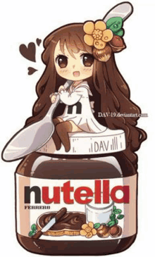 a chibi girl is sitting on top of a jar of nutella holding a spoon .