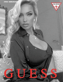 a black and white photo of a woman on the cover of a magazine called guess