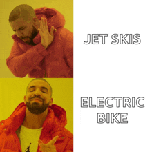 a man in a red jacket says jet skis next to an electric bike