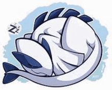 a cartoon drawing of a fish sleeping on its back on a blue background .