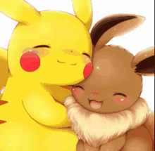 a pikachu and eevee are hugging each other .