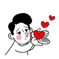 a black and white drawing of a man blowing a kiss on a red heart .