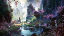 a painting of a landscape with a waterfall and trees with pink flowers