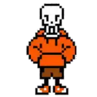 a pixel art drawing of papyrus from undertale wearing an orange hoodie and brown shorts .