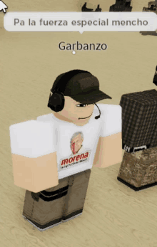 a roblox character wearing a morena shirt and headphones