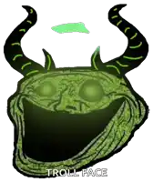 a green troll face with horns and the words troll face below it