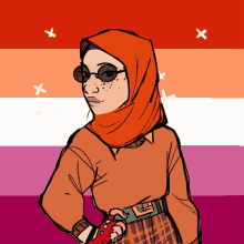 a drawing of a woman wearing an orange hijab and sunglasses