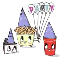 a drawing of a bucket of french fries a cup of cake and balloons with the word party on them