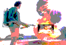 a pixelated image of a person standing next to a fire