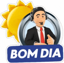 a sticker with a man wearing a headset and the word bom dia on it