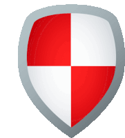 a red and white shield with a silver rim