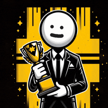 a man in a suit holds a trophy with a star on it