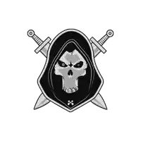 a skull with a hood and crossed swords on a white background