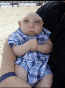 a baby wearing a blue plaid shirt with a white anchor on it