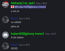 a screenshot of a conversation between hubert555 and kusz