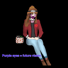 a drawing of a girl with purple eyes and the words purple eyes = future vision below her