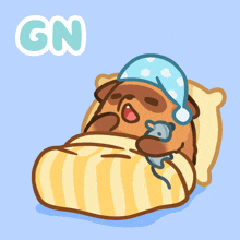 a cartoon of a dog laying in bed with the word gn below it