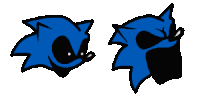 a cartoon drawing of a blue sonic the hedgehog with black eyes and a black shadow .